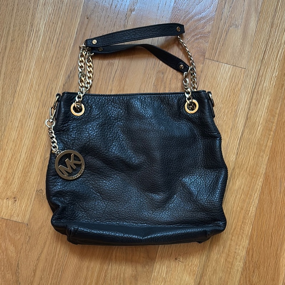 Michael Kors Black Leather Shoulder Bag with Gold Accents